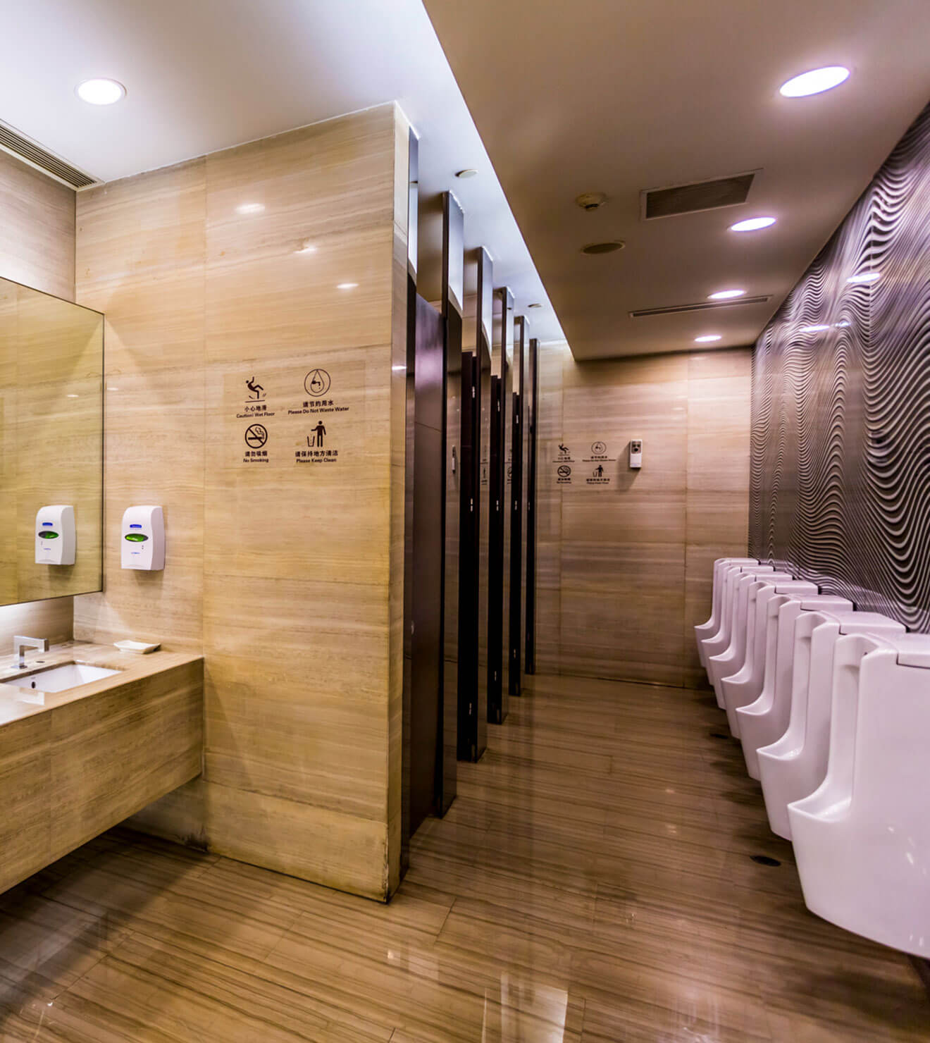 Clean and sanitized commercial restroom floor, post-cleaning with Powerit Disinfectant Floor Cleaner