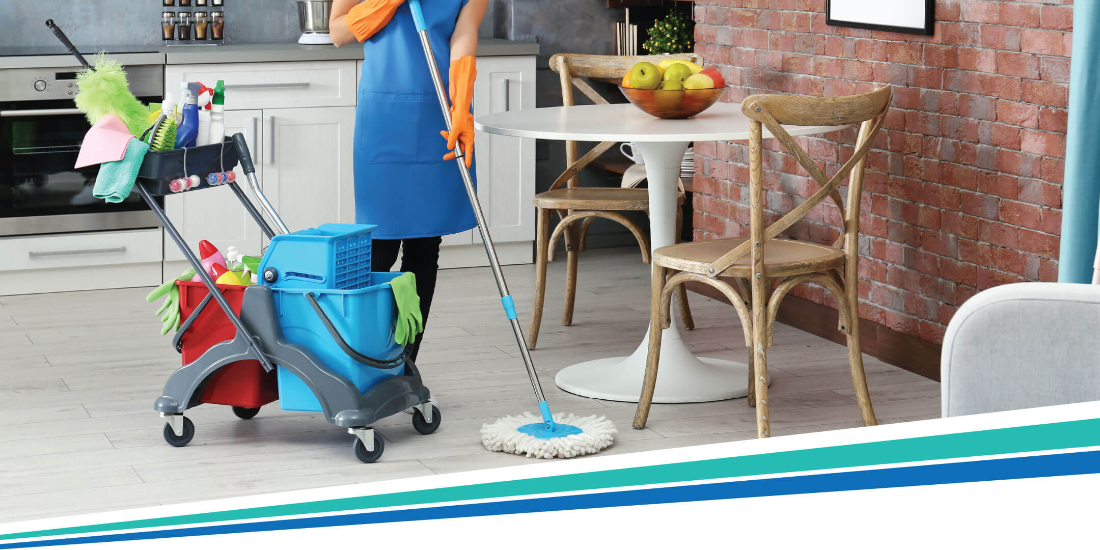 Housekeeping staff moping the floor using Powerit Cleaning Chemicals