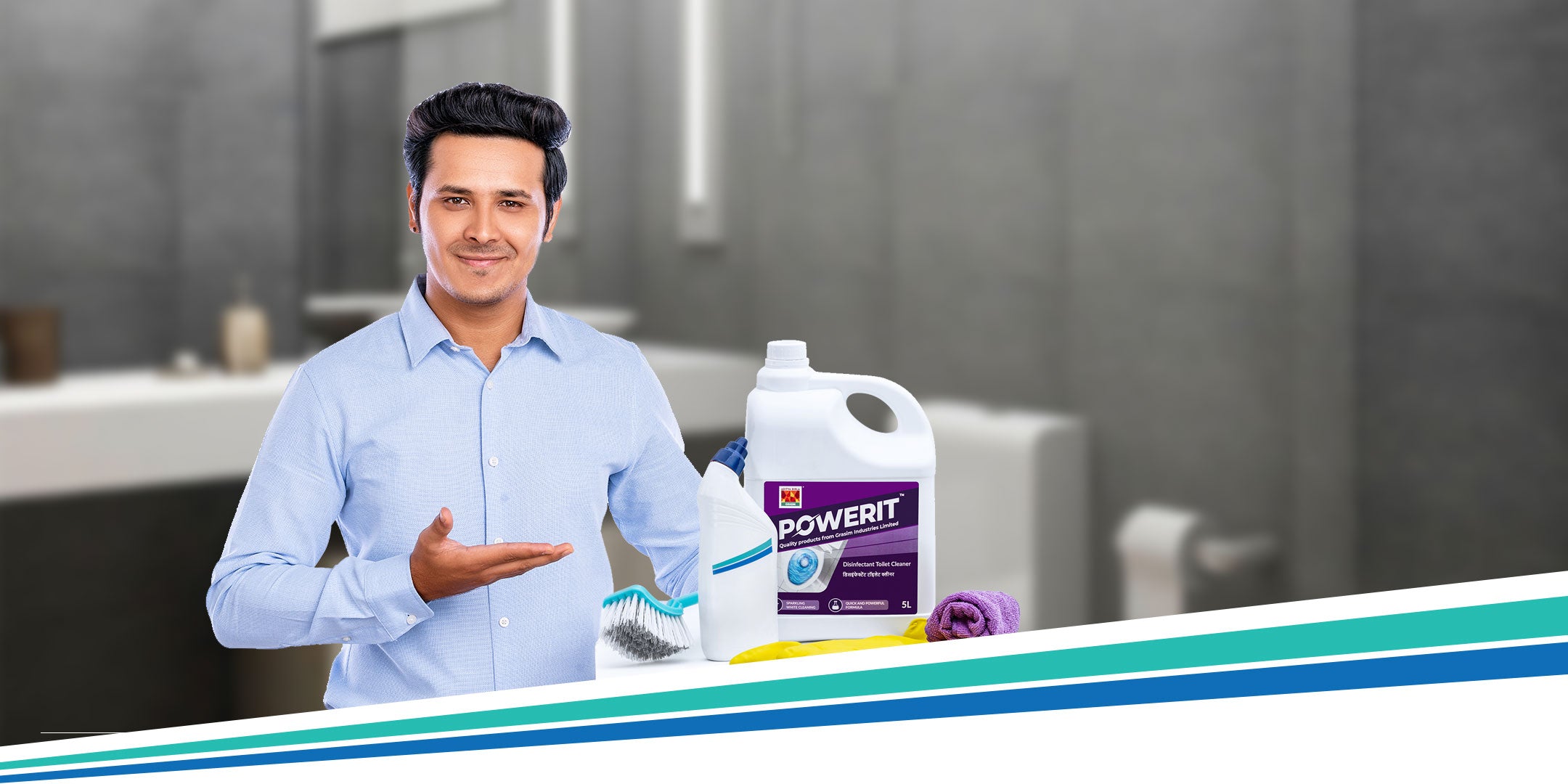 Facility manager showcasing Powerit toilet cleaner disinfectant at a clean facility