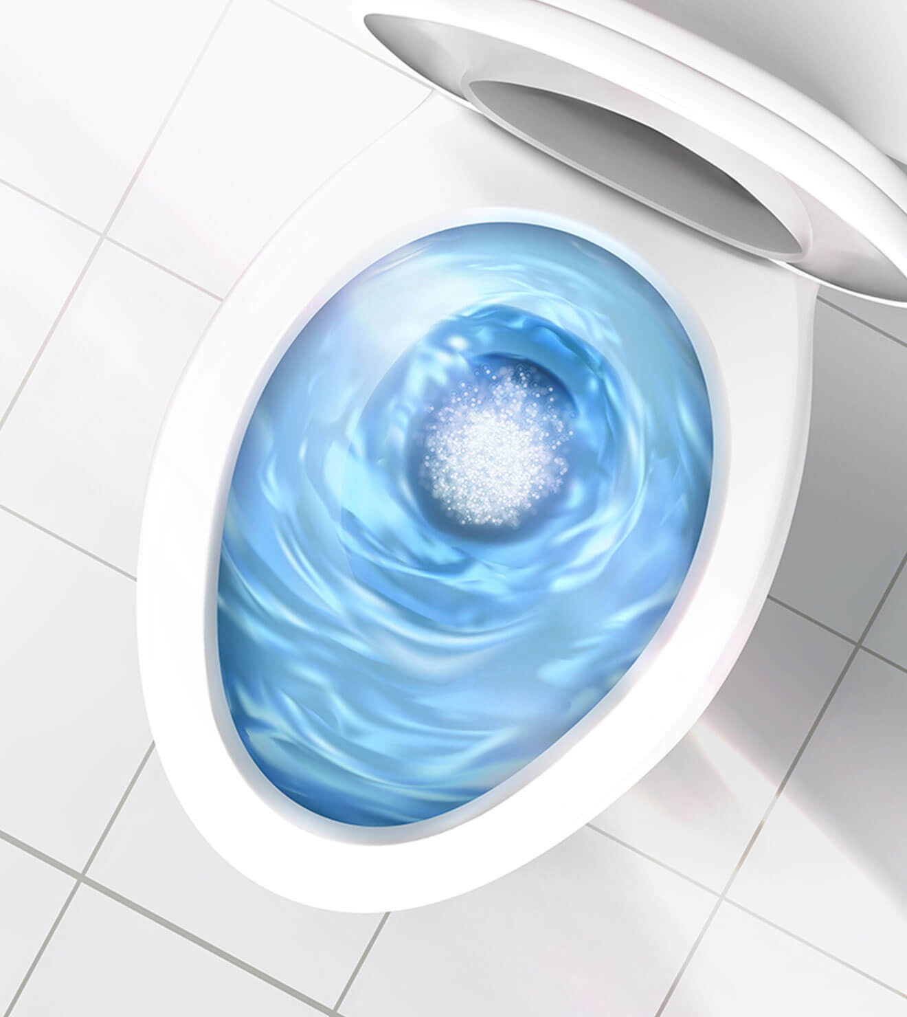 Top view of a toilet bowl during a deep cleaning process with Powerit liquid cleaner