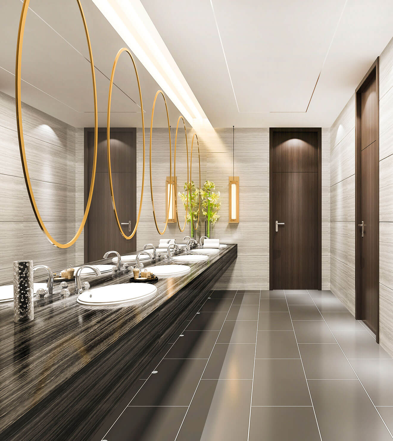 Spotless commercial bathroom showcasing tiles refreshed by Powerit's cleaning formula